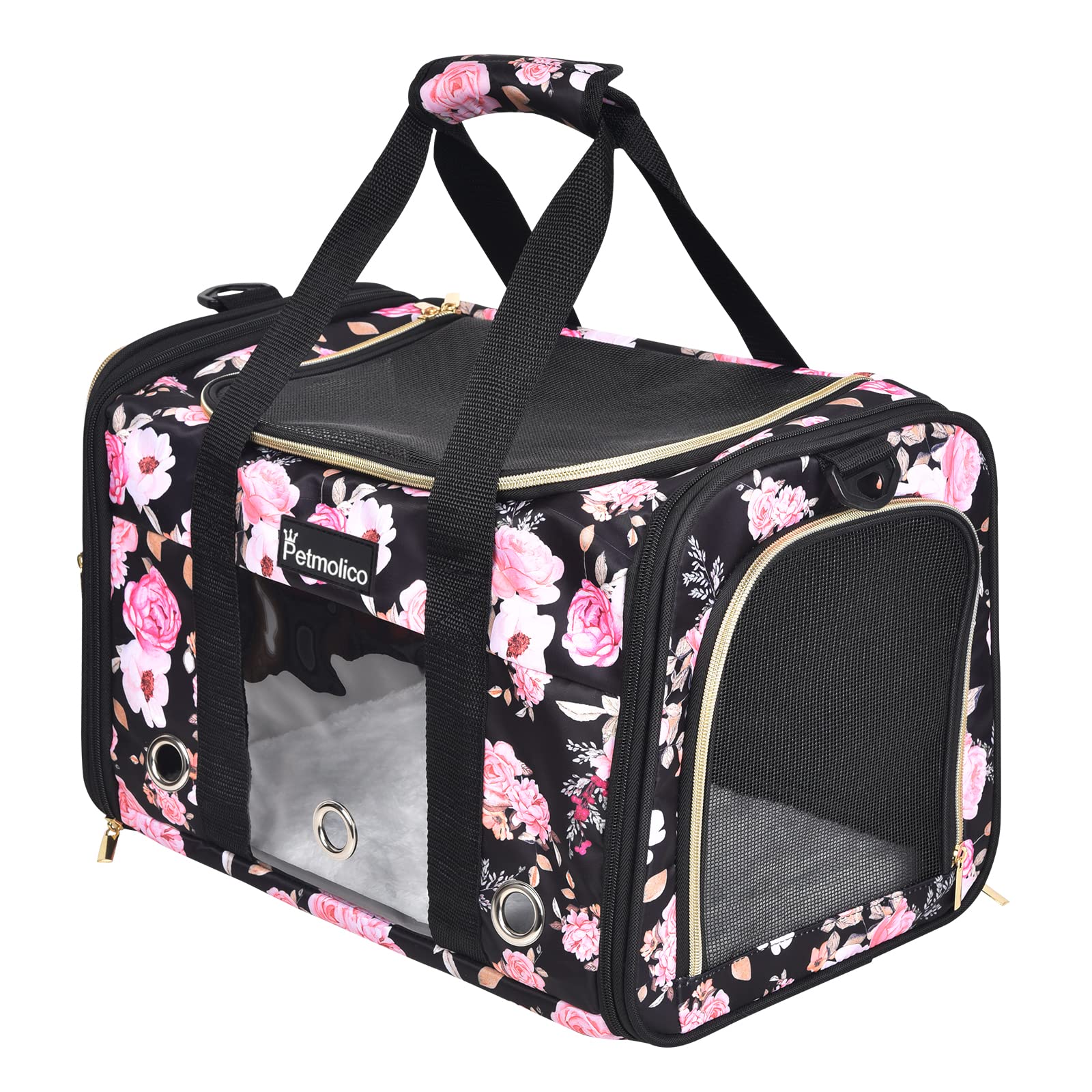 Petmolico Cat Carrier Soft-Sided front view shows airflow and floral design for comfort