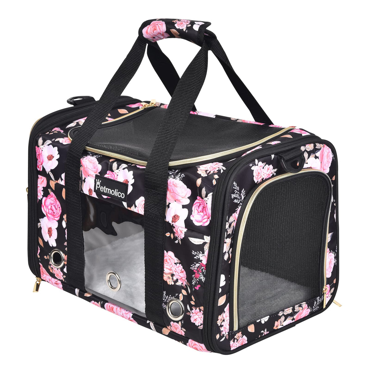 Petmolico Cat Carrier Soft-Sided front view shows airflow and floral design for comfort
