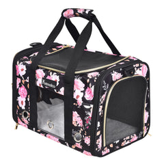 Petmolico Cat Carrier Soft-Sided front view shows airflow and floral design for comfort
