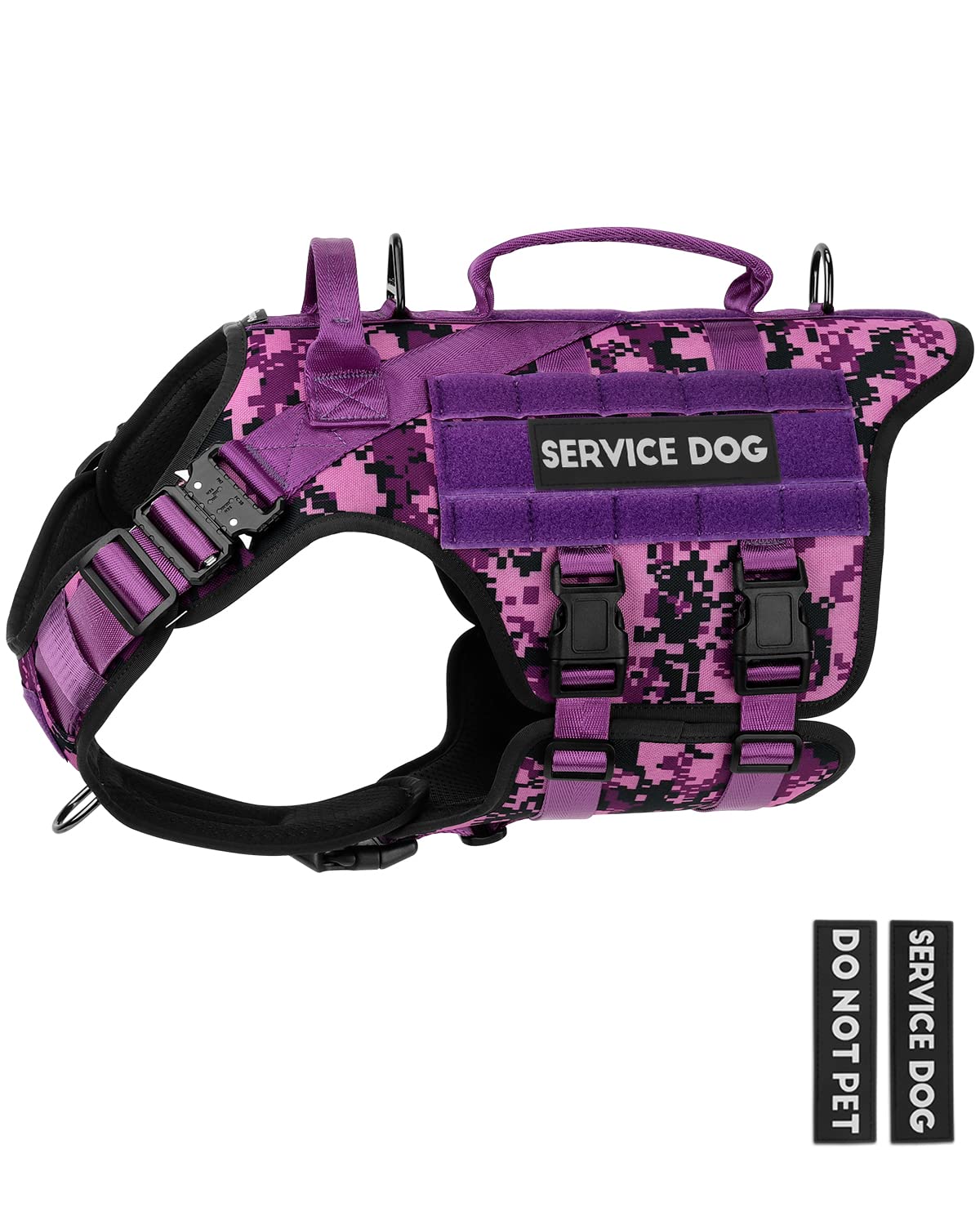 PETNANNY Tactical dog harness purple camo front view for training and walking.