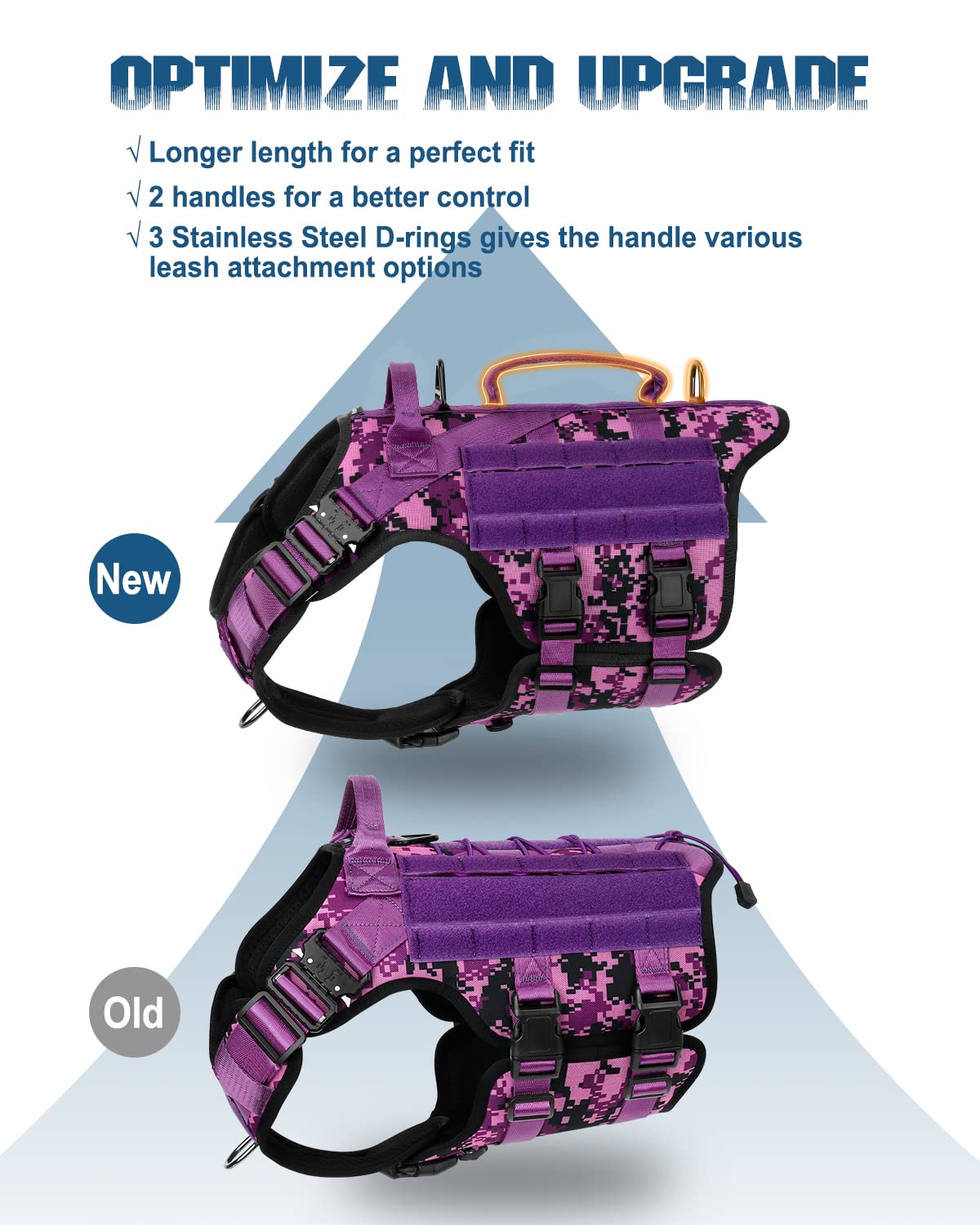 PETNANNY Tactical dog harness purple camo side view with MOLLE for accessories.