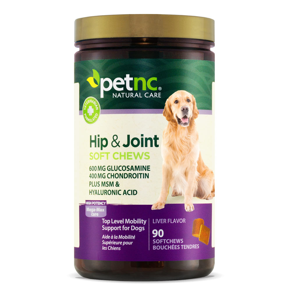 PetNC Natural Care Hip and Joint Mega Soft Chews bottle front, savory support for joints.