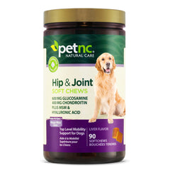 PetNC Natural Care Hip and Joint Mega Soft Chews bottle front, savory support for joints.