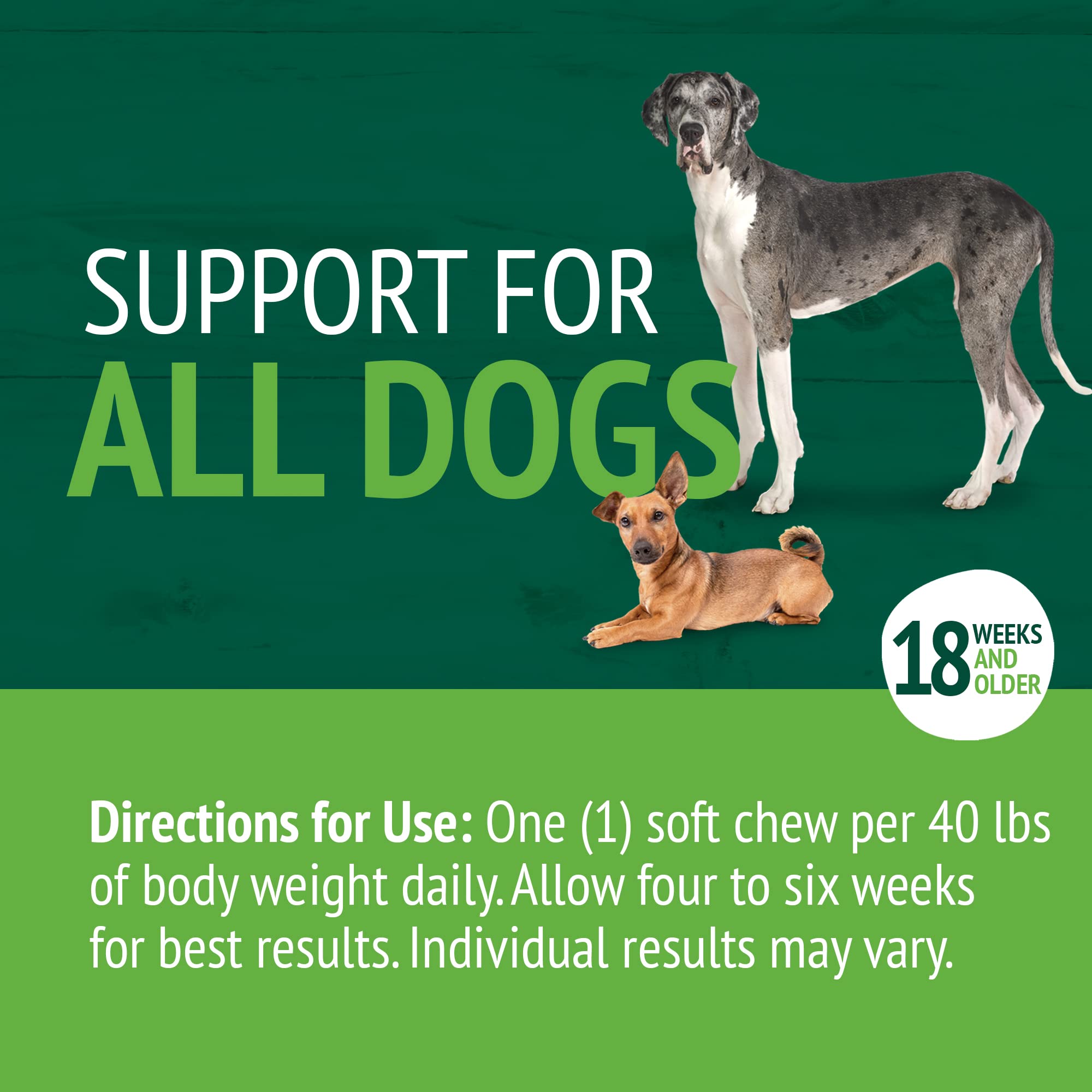 Serving scoop beside chews, easy daily dose for joint support.