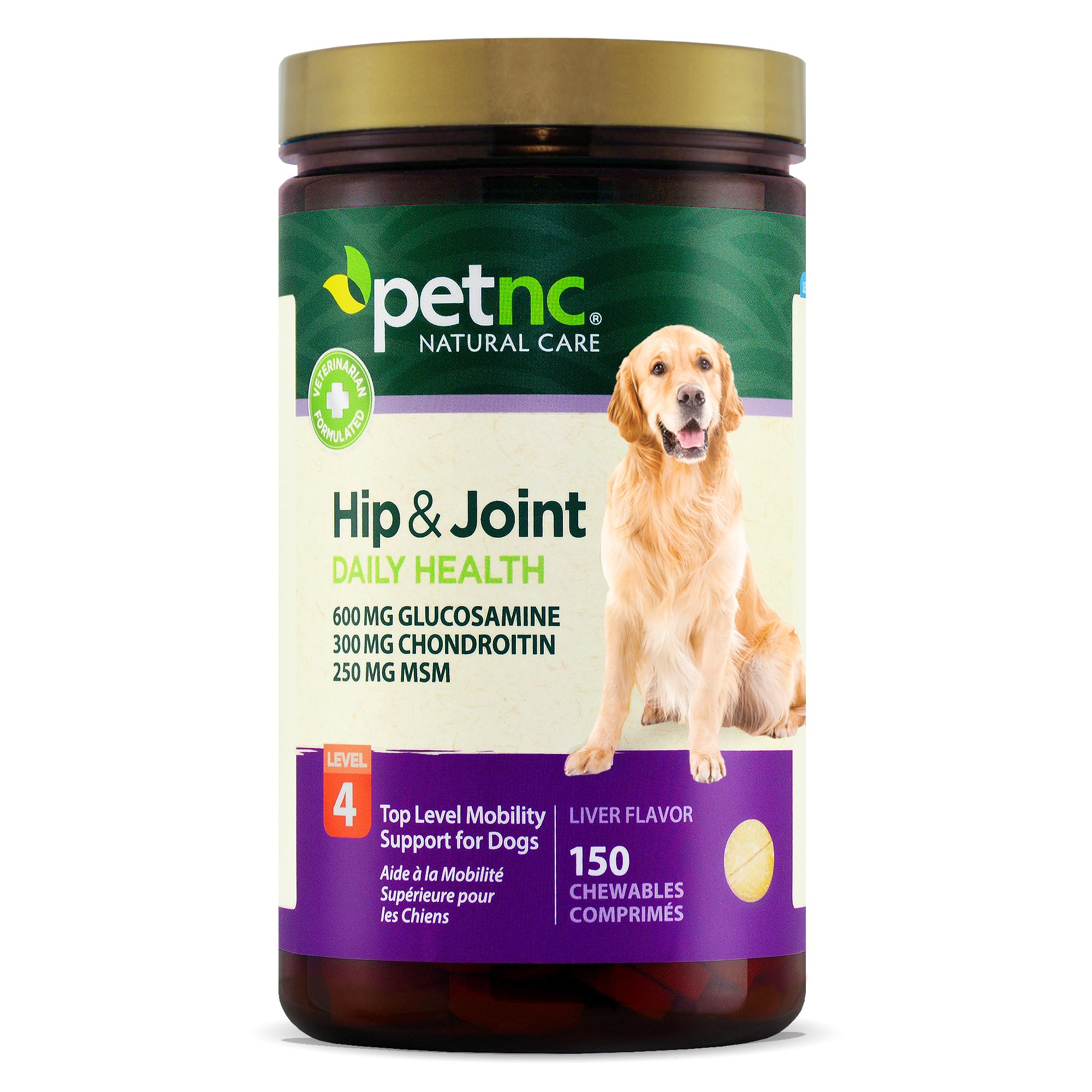 PetNC Natural Care Level-4 hip and joint chews bottle for daily mobility support.
