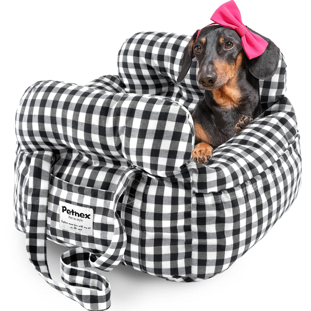 PETNEX dog car seat checkered black, front view, keeps small dogs secure during car rides.