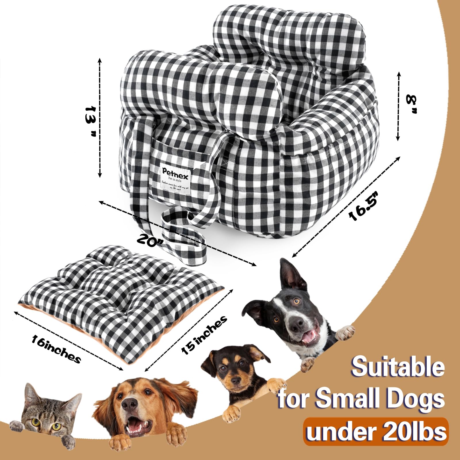 PETNEX dog car seat checkered black side pockets, convenient storage for treats and toys.