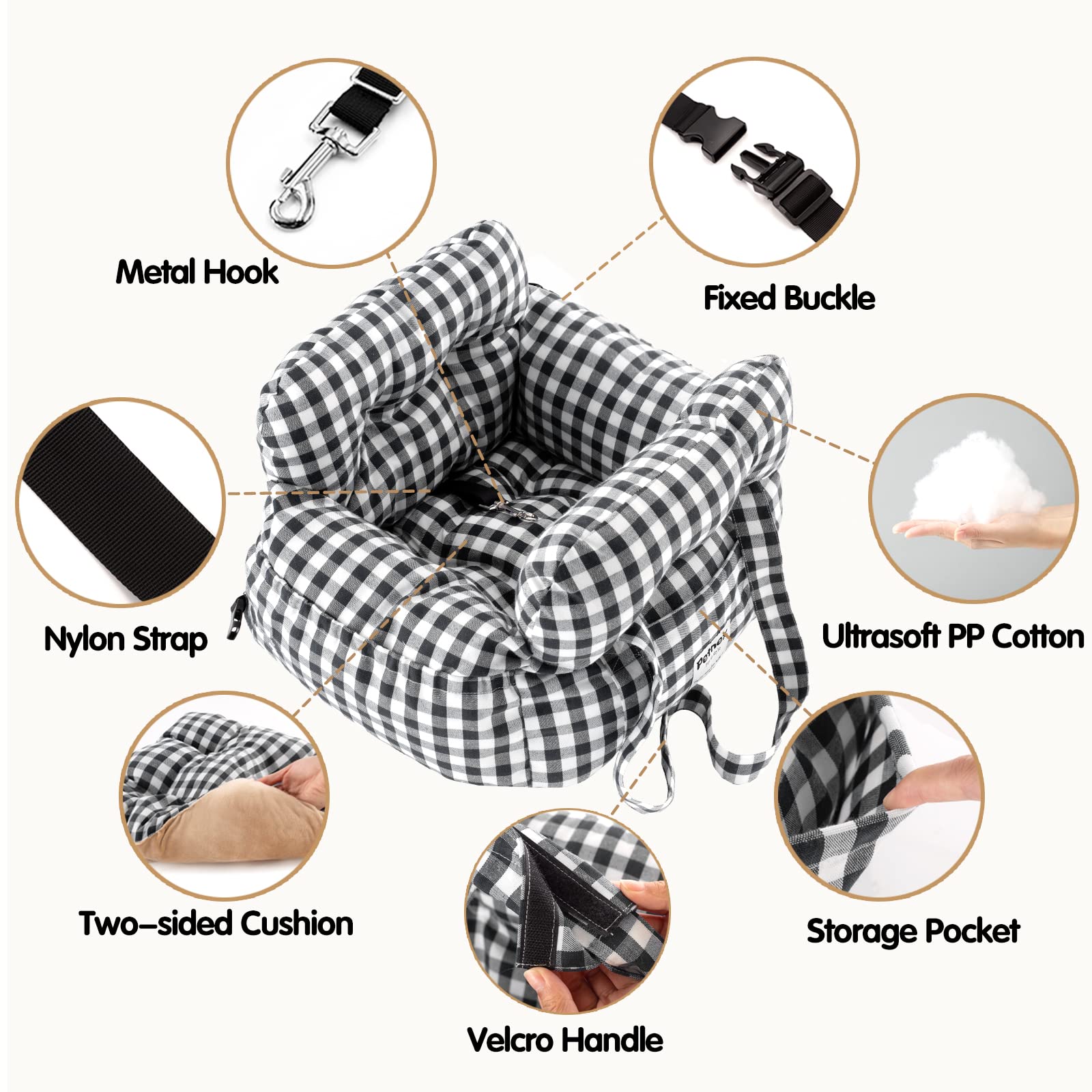 PETNEX dog car seat checkered black soft cushion, offers year-round comfort for pets.