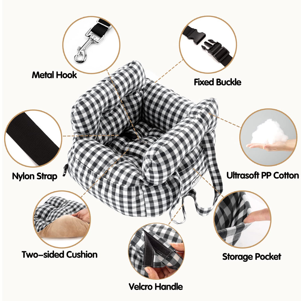 PETNEX dog car seat checkered black soft cushion, offers year-round comfort for pets.
