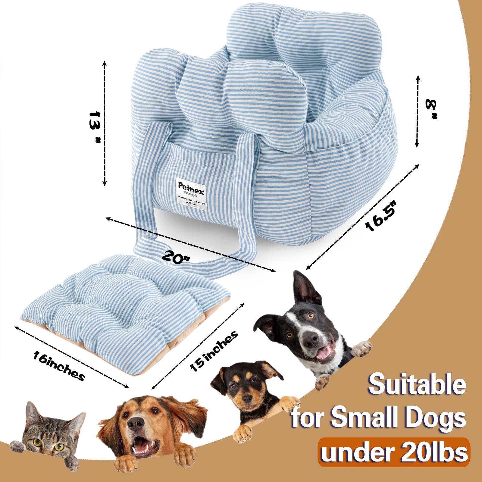 Petnex dog car seat striped blue dimensions 20x16.5x13 suitable for small dogs.