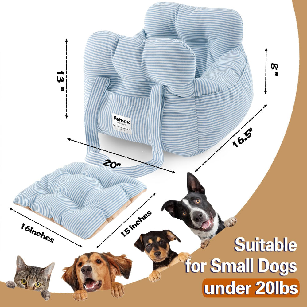 Petnex dog car seat striped blue dimensions 20x16.5x13 suitable for small dogs.