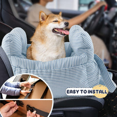Petnex dog car seat striped blue safety belt clip for added security during rides.