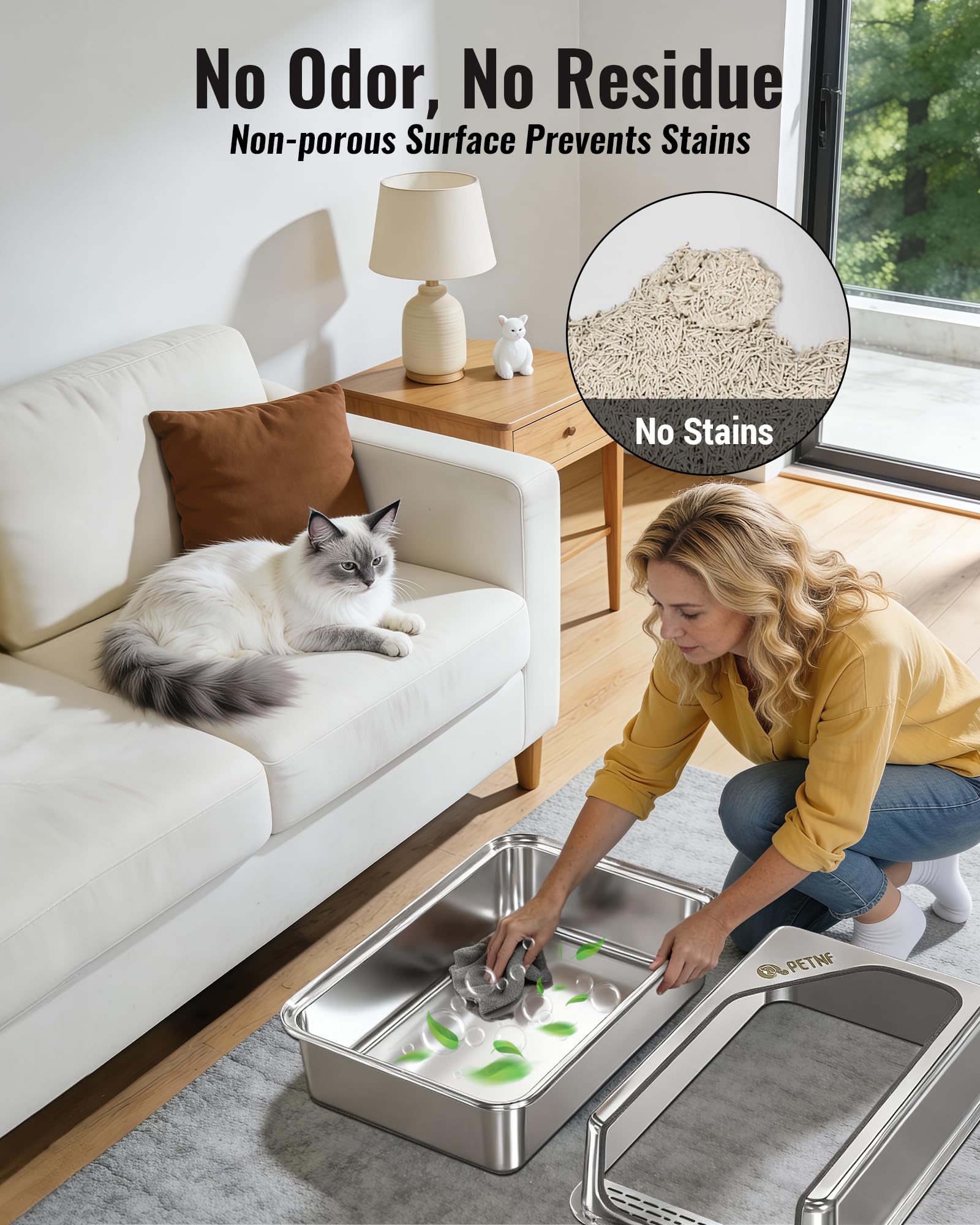 PETNF high-sided litter box prevents litter scattering during digging.