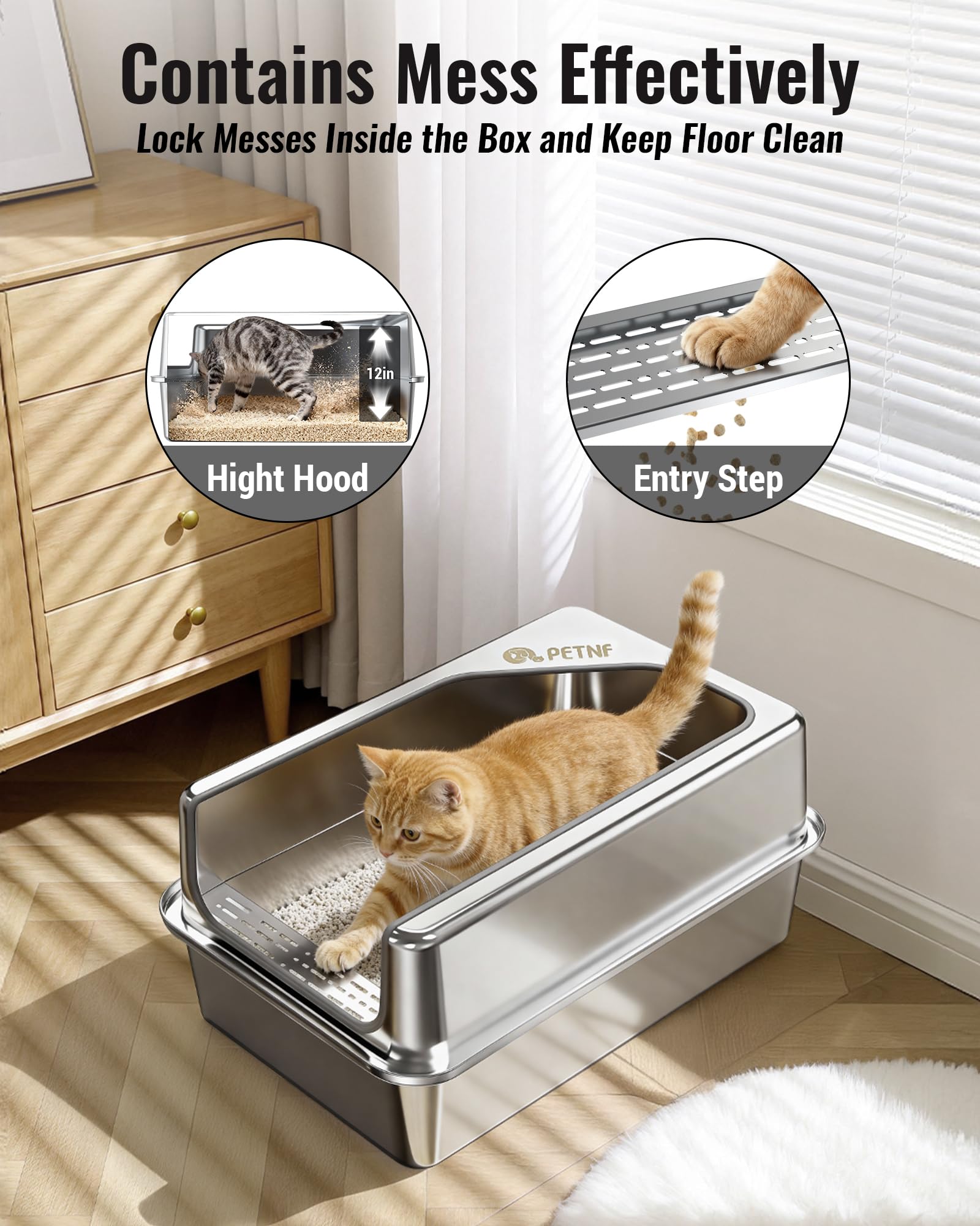 Tool-free assembly for quick, stable setup of the PETNF metal litter box.