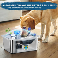 PETNF D2341 stainless steel fountain shows 3-gallon capacity for large dogs.