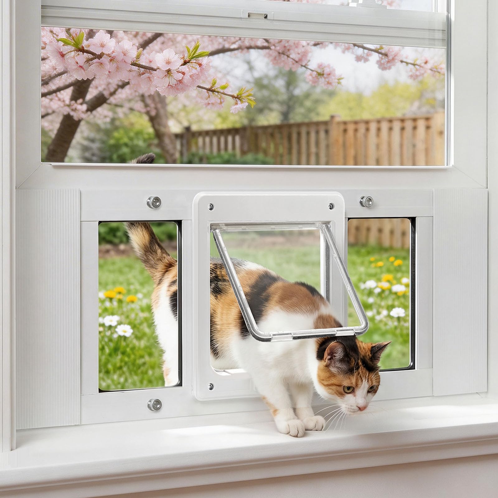 Petoasis full-size window pet door for cats and small dogs, easy access.