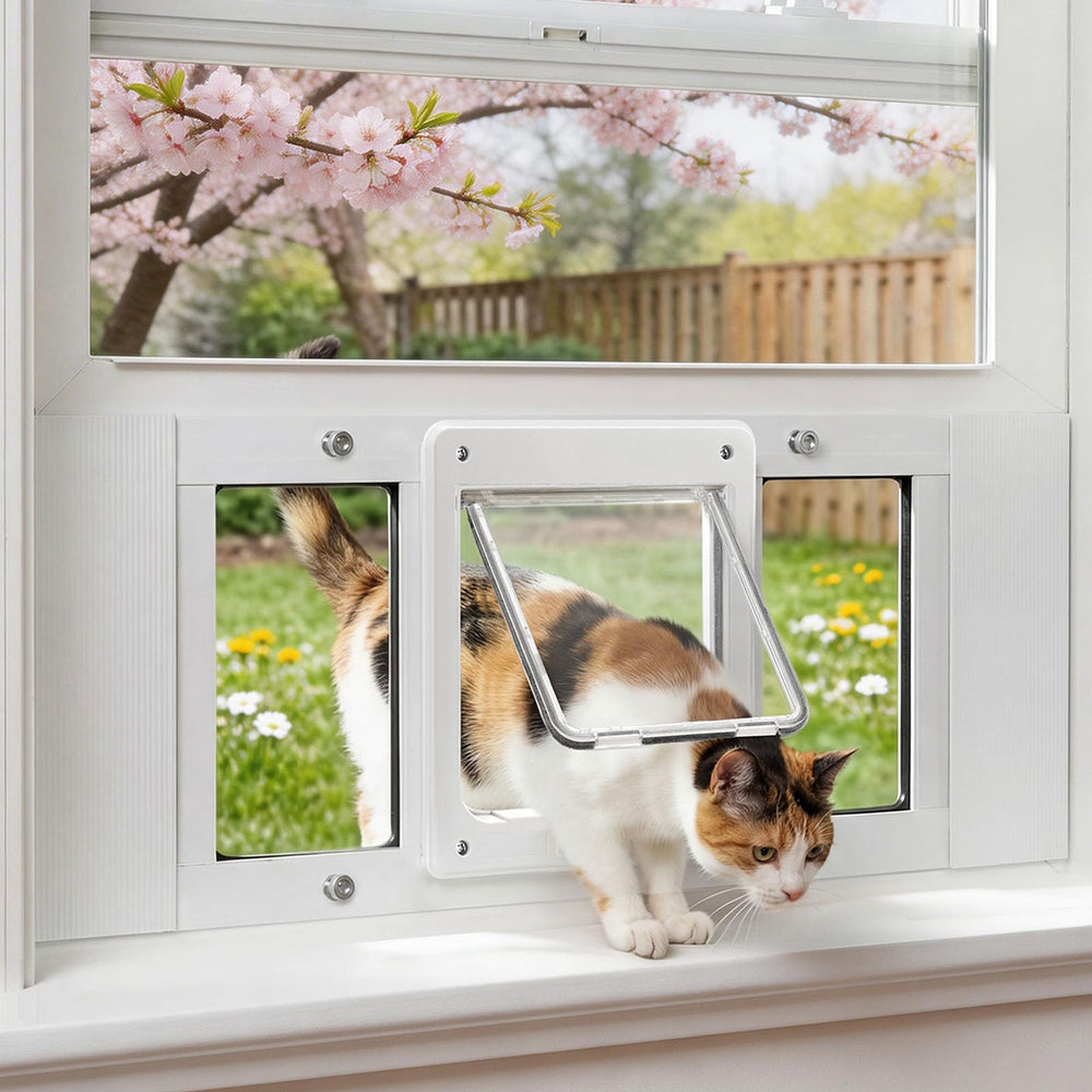 Petoasis full-size window pet door for cats and small dogs, easy access.
