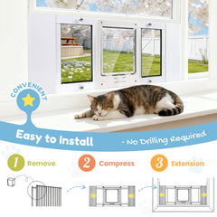 Petoasis window cat door fit guide highlights measuring width for proper sizing.