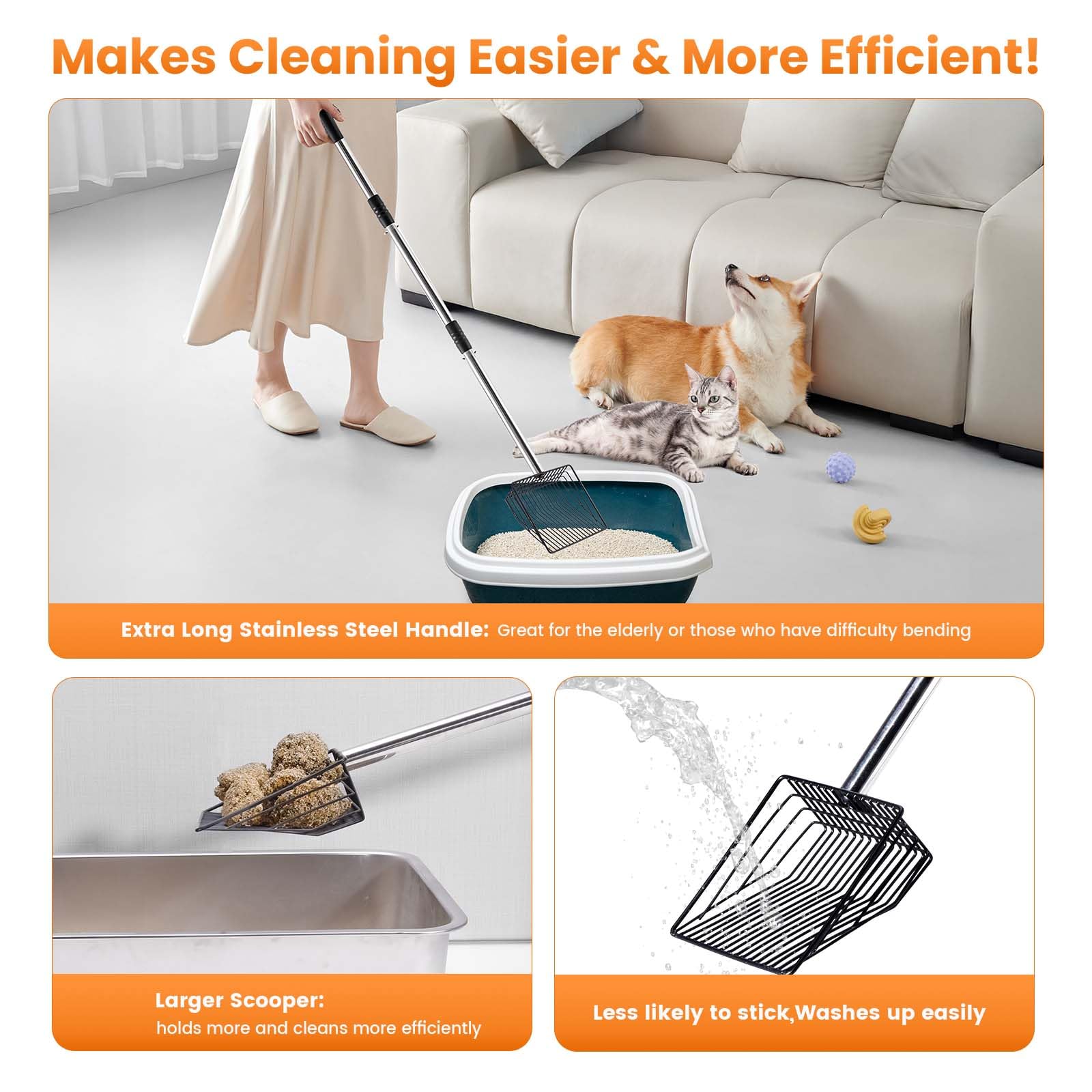 PETOCAT angled square-bottom scoop simplifies corner cleaning.