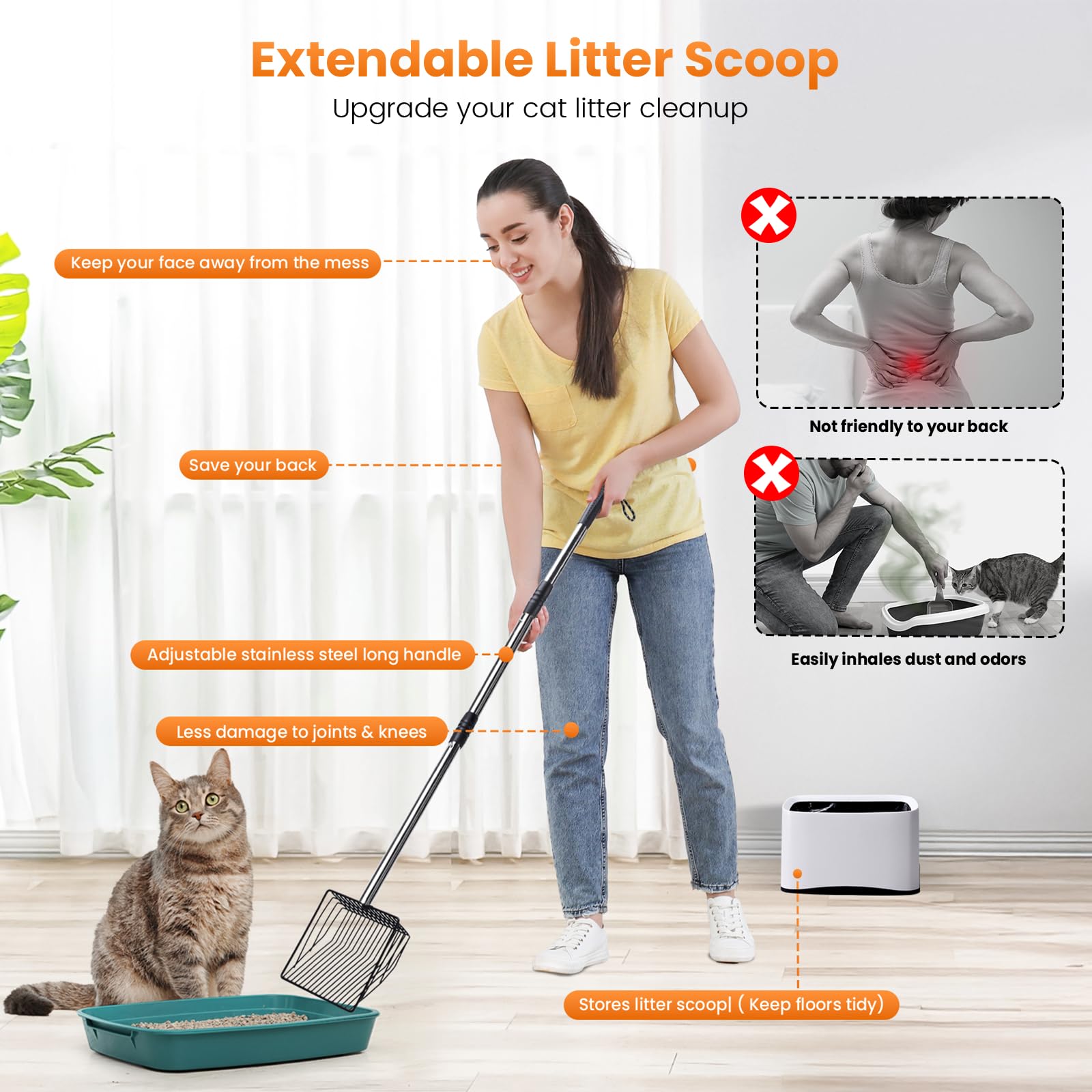 PETOCAT stainless steel long-handle scoop for durable heavy-clump cleanup.