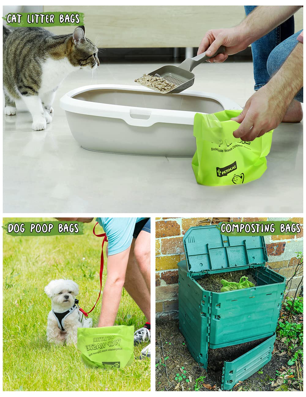 PETOCAT sturdy bags resist tearing when handling daily litter amounts.