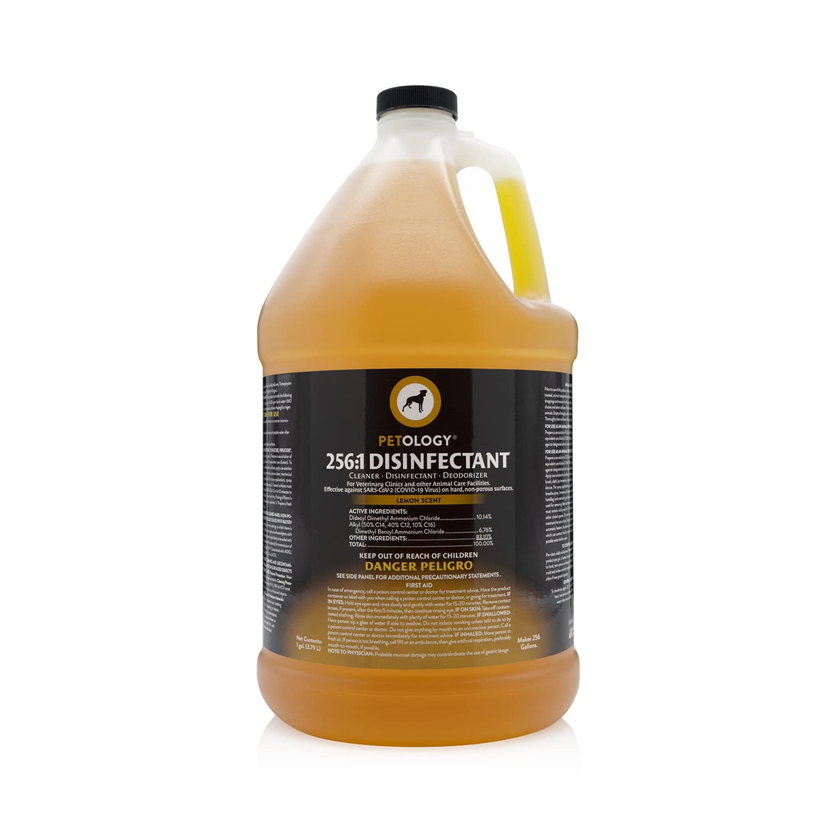 Petology 256:1 Disinfectant bottle pour shows easy dilution for efficient cleaning.