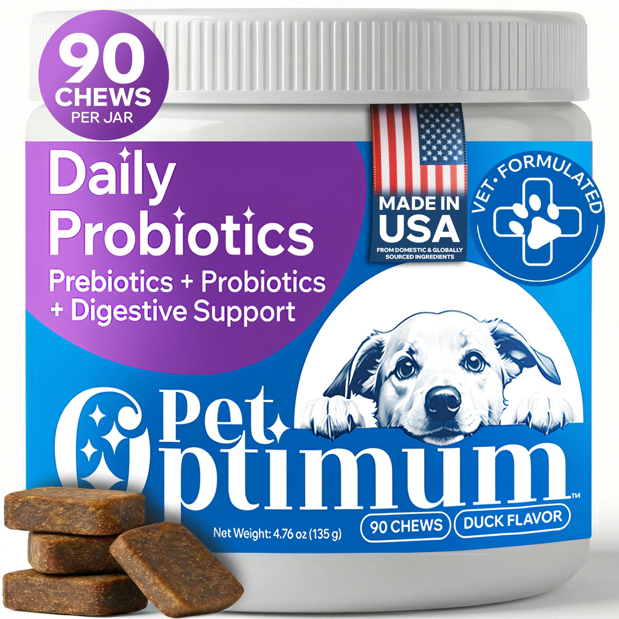 PETOPTIMUM dog probiotic chews in bottle support gut balance and daily wellness.