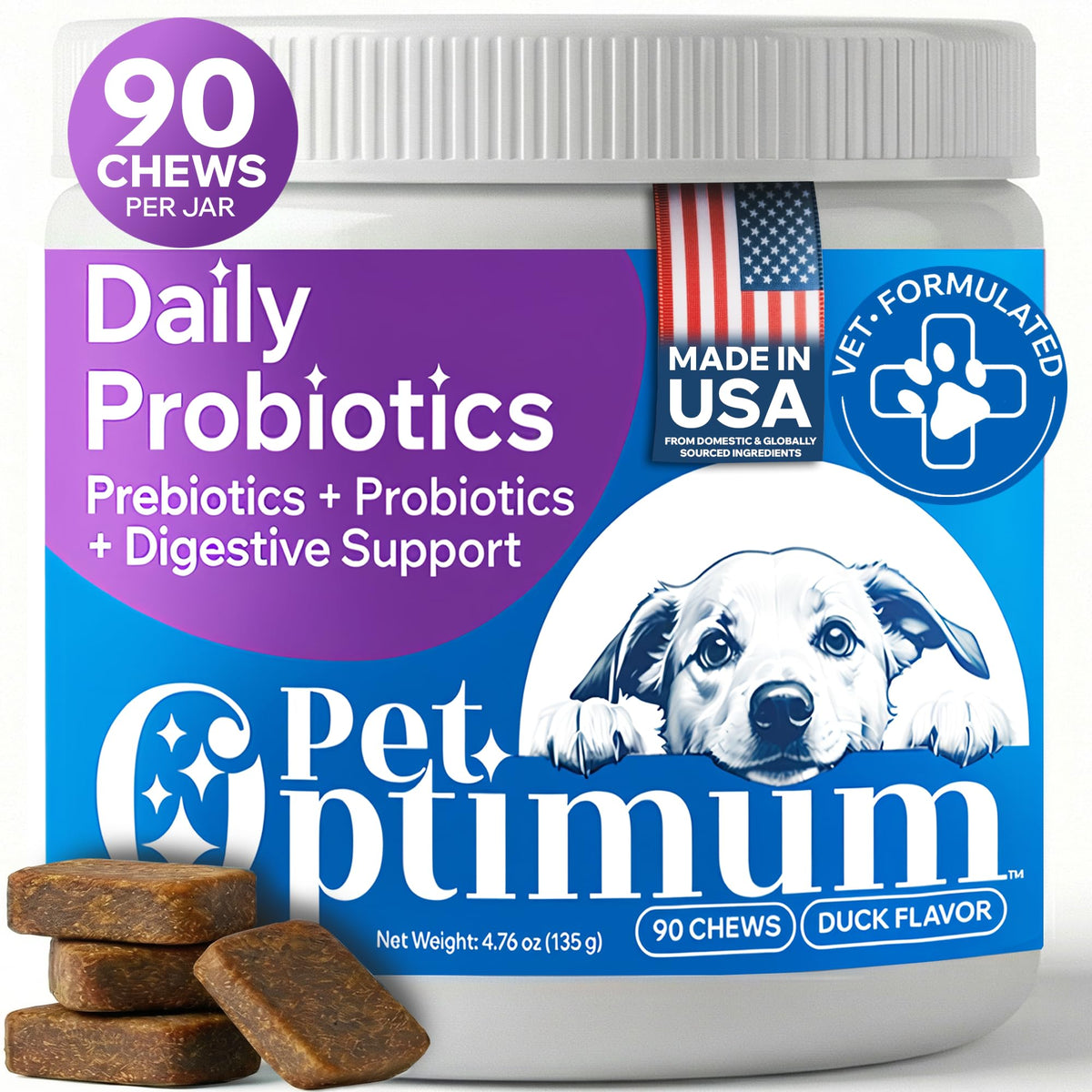 PETOPTIMUM dog probiotic chews in bottle support gut balance and daily wellness.