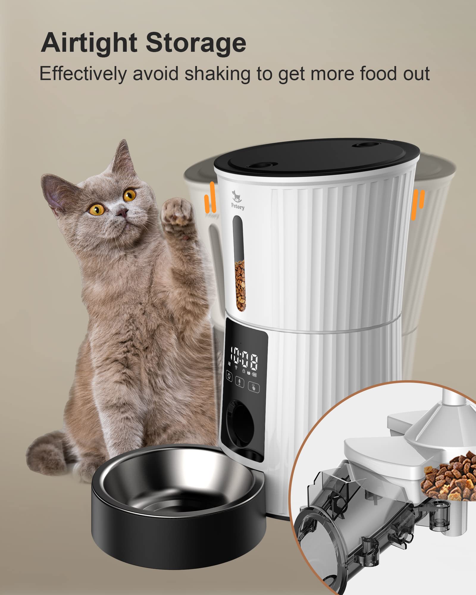 Petory 16-9-cup dry food capacity supports longer feeding without frequent refills.
