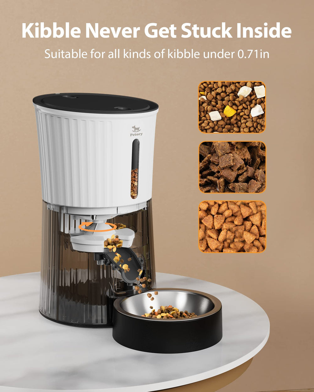 Petory feeder load with dry food indicating large capacity for days of feeding