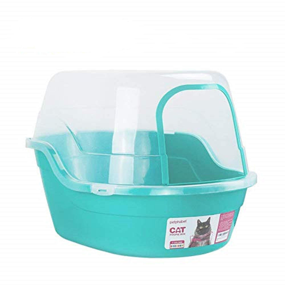 Petphabet jumbo hooded litter box in teal viewed from the front for easy access and use.