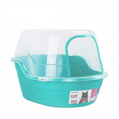 Petphabet jumbo hooded litter box in teal viewed from the front for easy access and use.