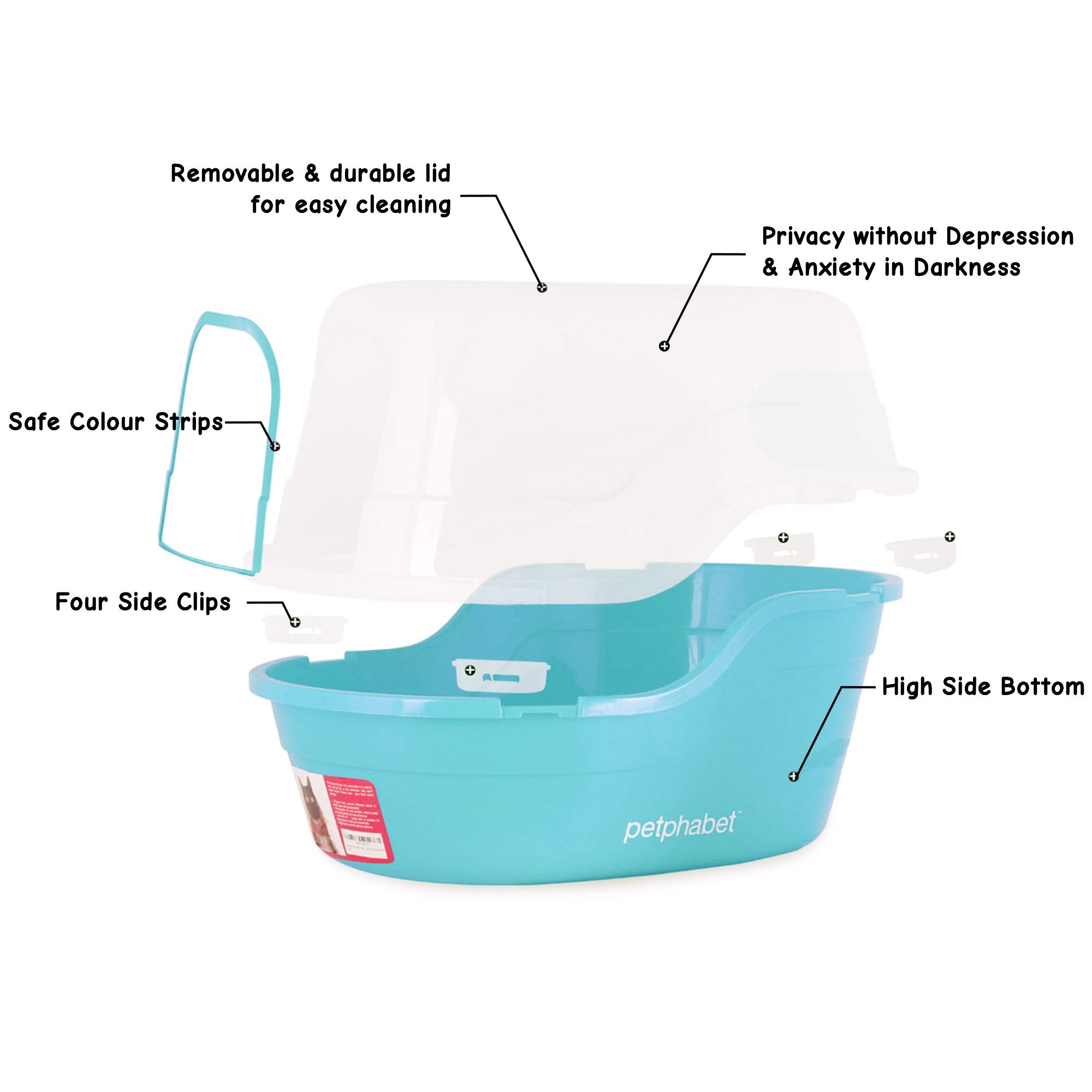 Petphabet hooded litter box in teal showing high back and lid to reduce spills.