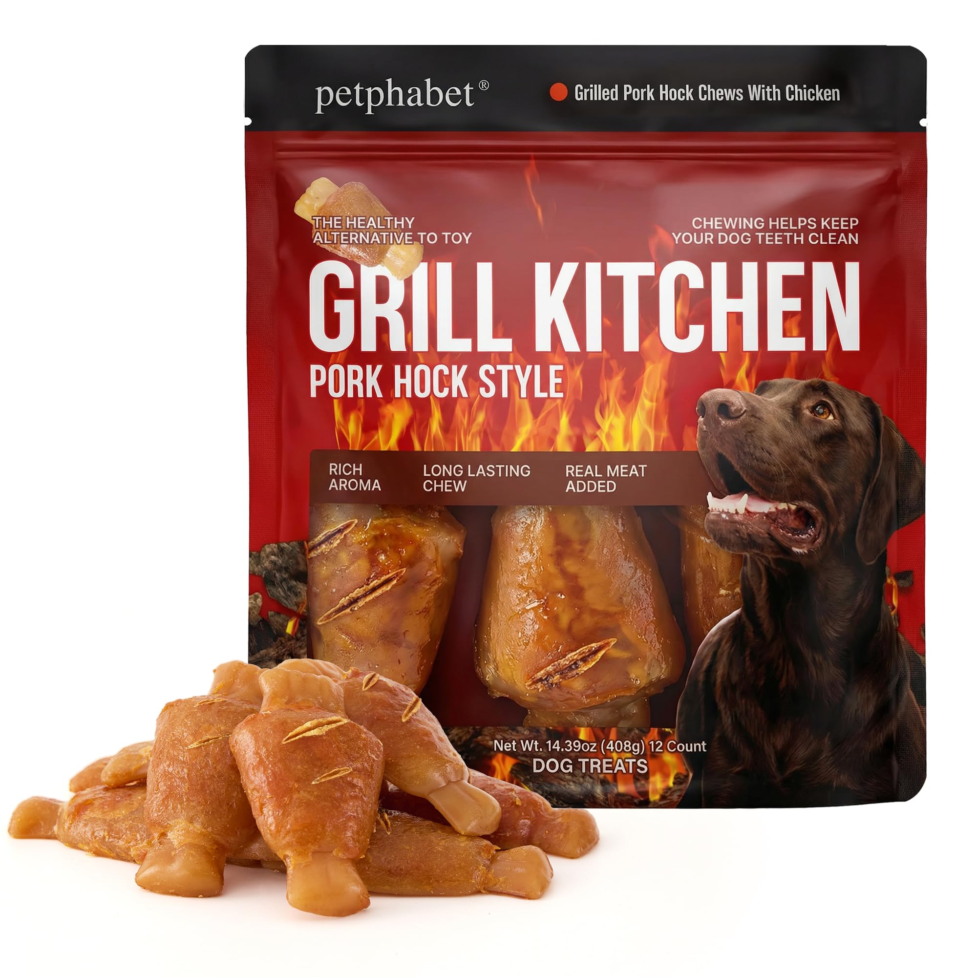 PETPHABET rawhide-free chew bone close-up showing smoky grilled pork hock flavor ideal for teething.