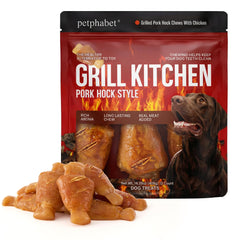 PETPHABET rawhide-free chew bone close-up showing smoky grilled pork hock flavor ideal for teething.
