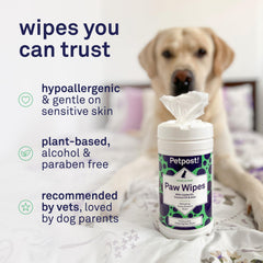 Petpost Large Paw Wipes ingredients include coconut oil, jojoba oil, and aloe