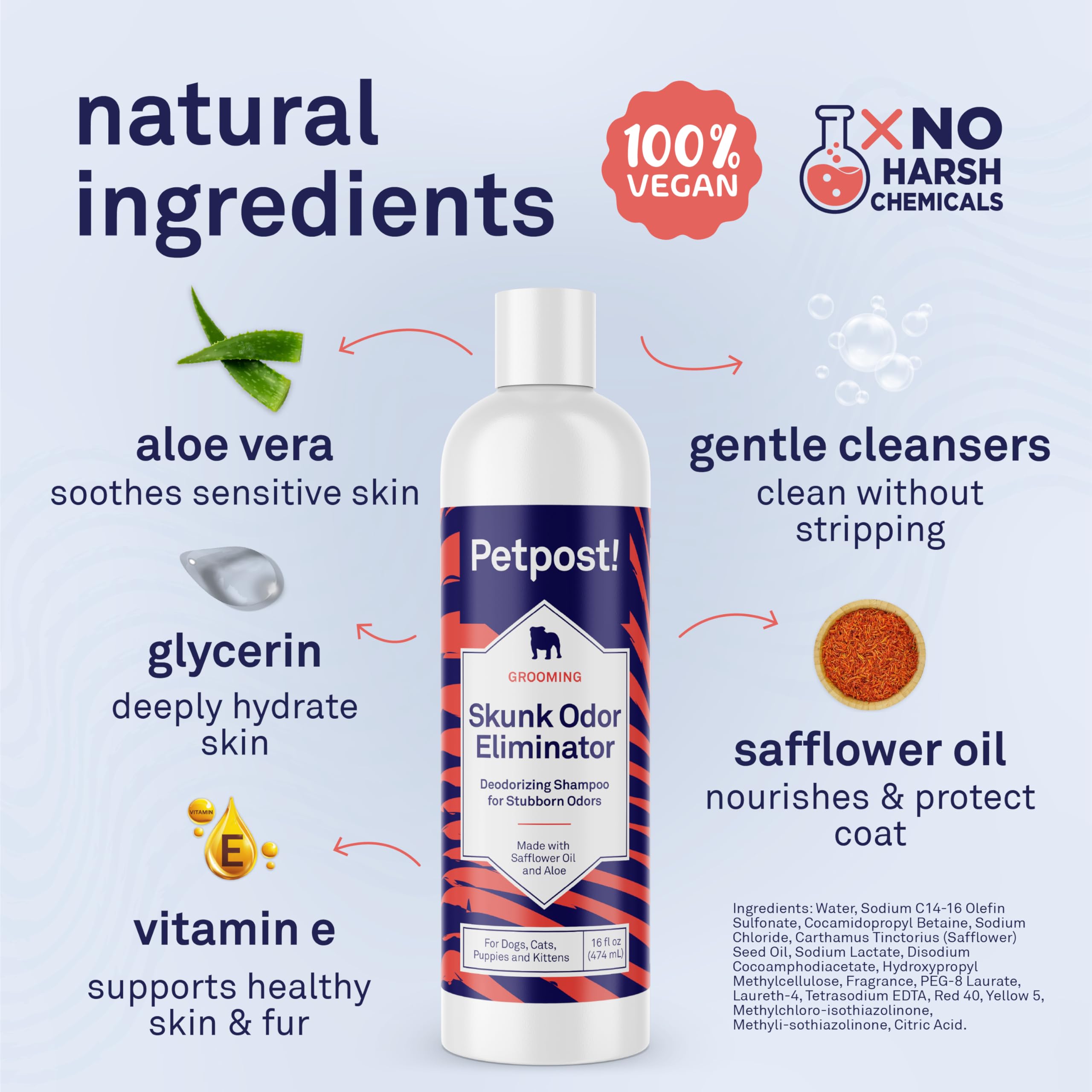 Petpost Skunk Odor Eliminator Shampoo on a dog coat leaves a fresh scent.