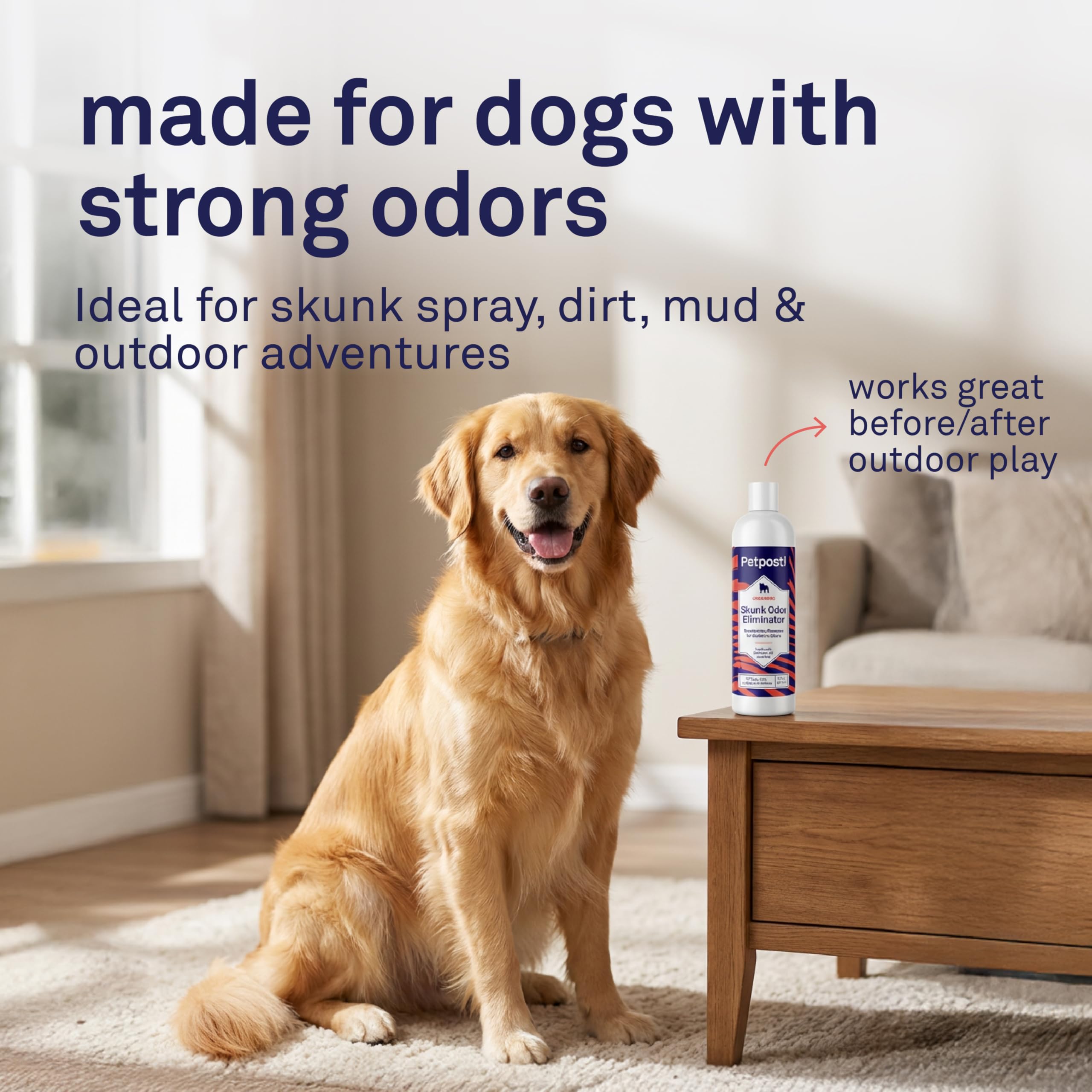 Petpost Skunk Odor Eliminator Shampoo creamy foam rinses clean easily.