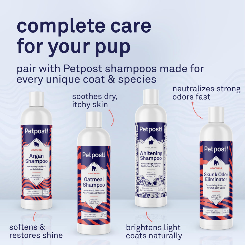 Petpost Skunk Odor Eliminator Shampoo recyclable packaging for eco-conscious homes.