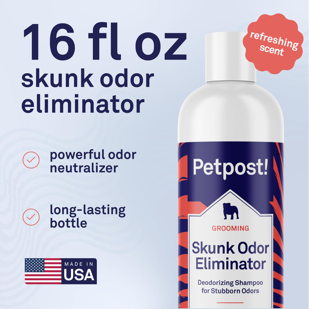 Petpost Skunk Odor Eliminator Shampoo gentle on skin and coat during wash.