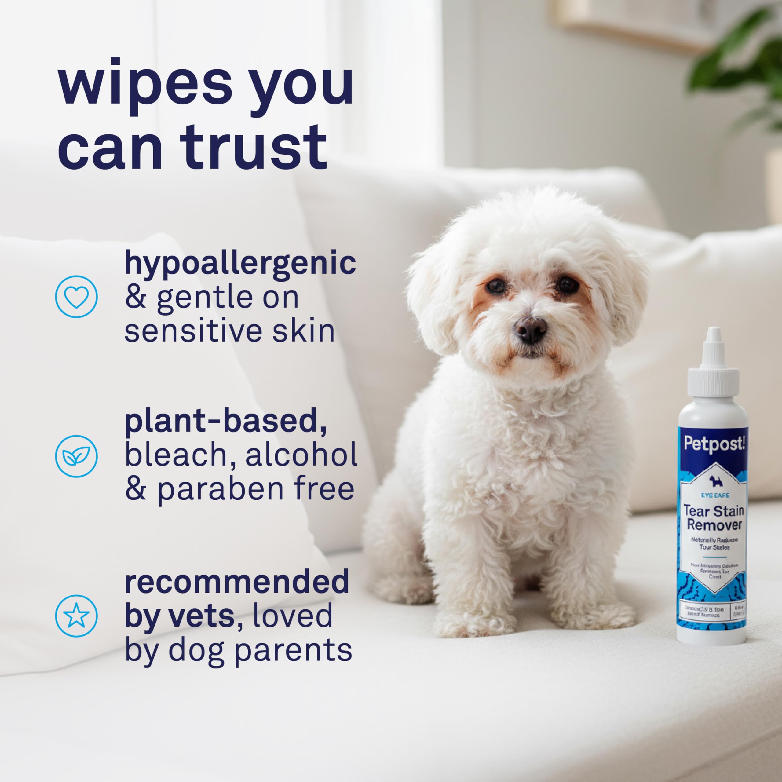 Petpost Tear Stain Remover with aloe vera for soothing cleaning near eyes.