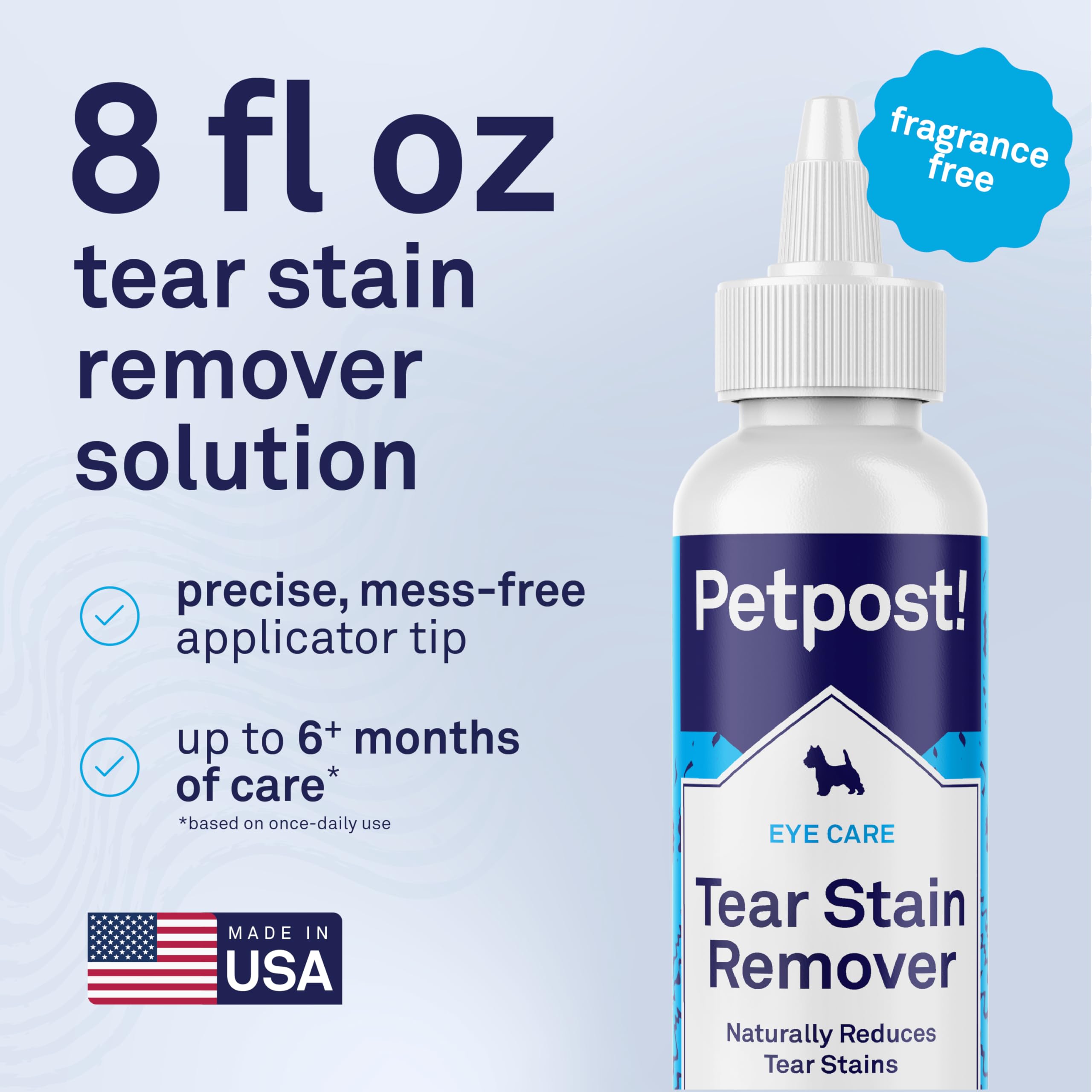 Bleach-free formula label on Petpost Tear Stain Remover for safe daily use.
