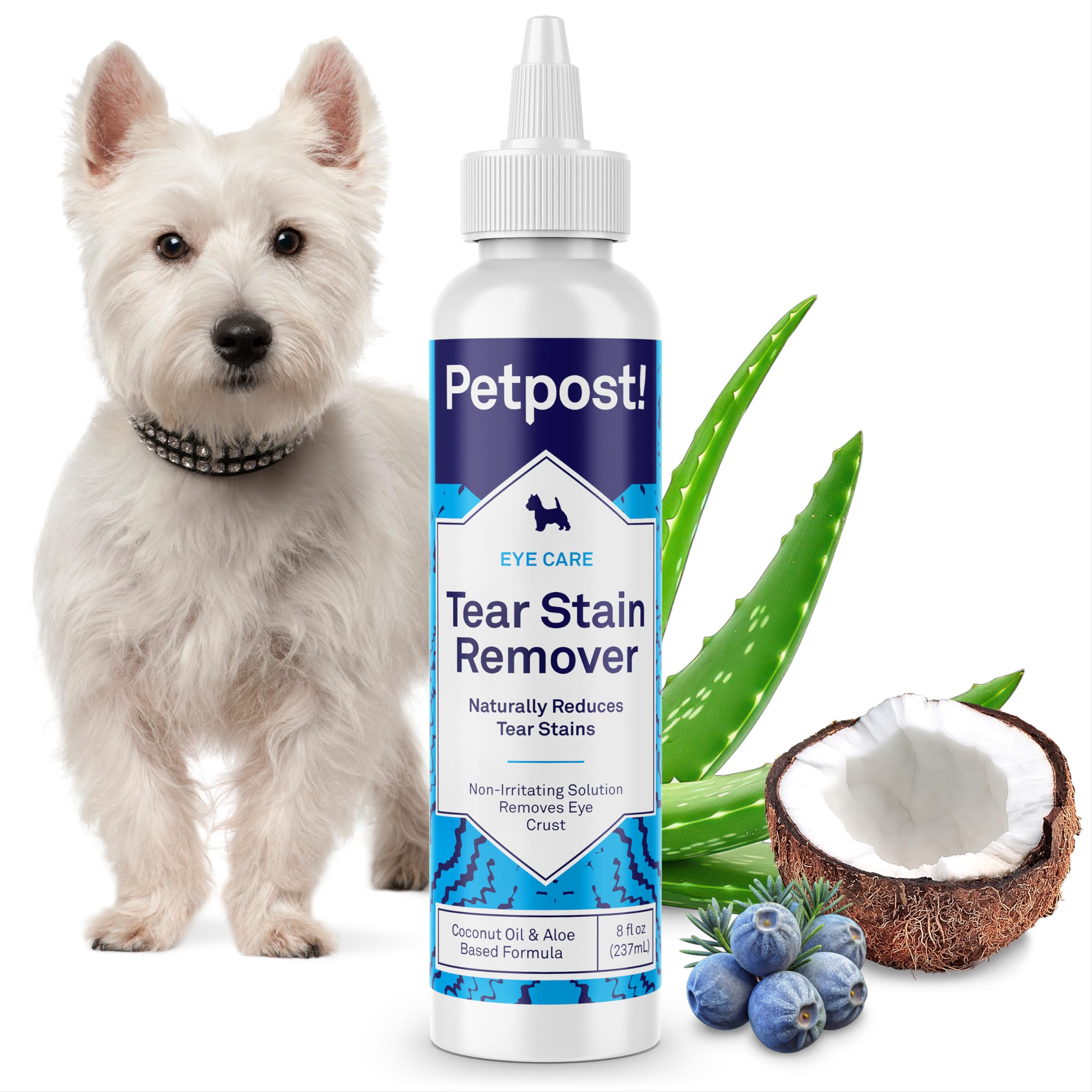 Petpost Tear Stain Remover bottle pour around the eye for daily cleaning.