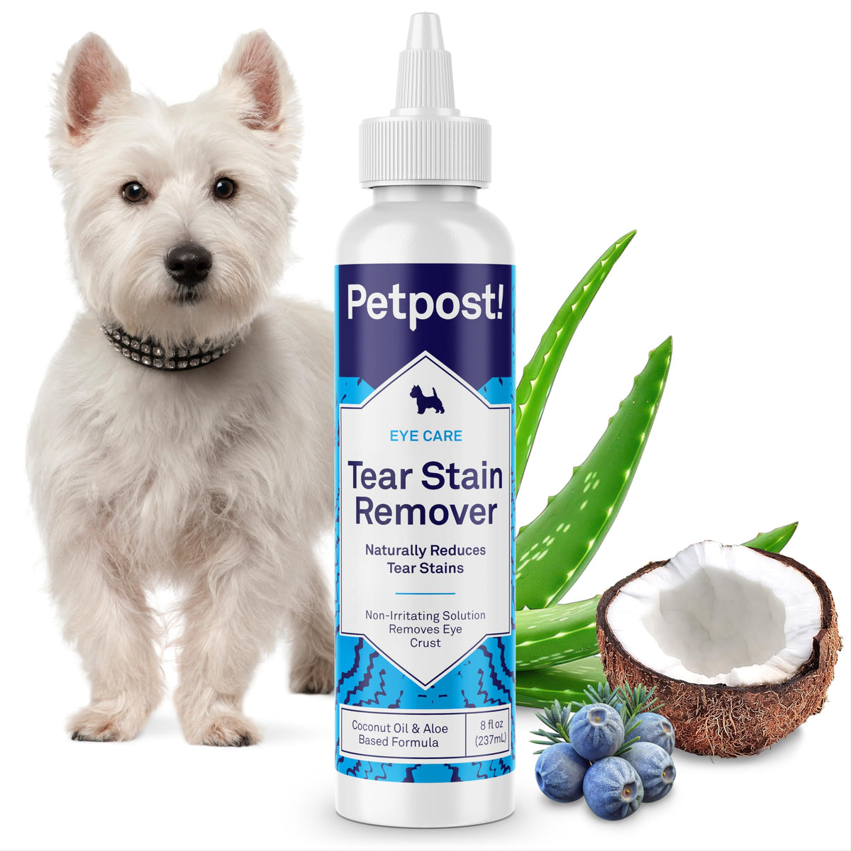 Petpost Tear Stain Remover bottle pour around the eye for daily cleaning.
