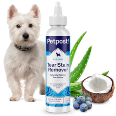 Petpost Tear Stain Remover bottle pour around the eye for daily cleaning.