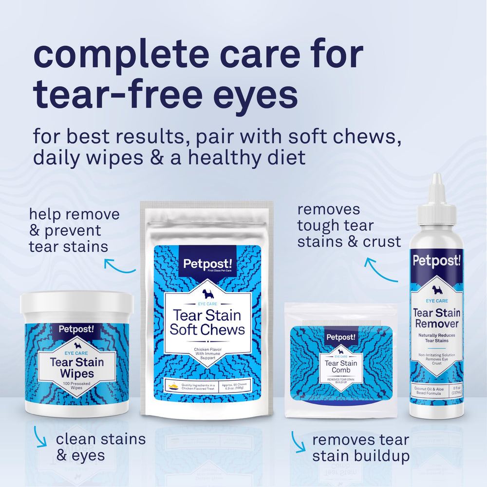 Petpost complete tear stain care line imagery showing wipes and bottle.