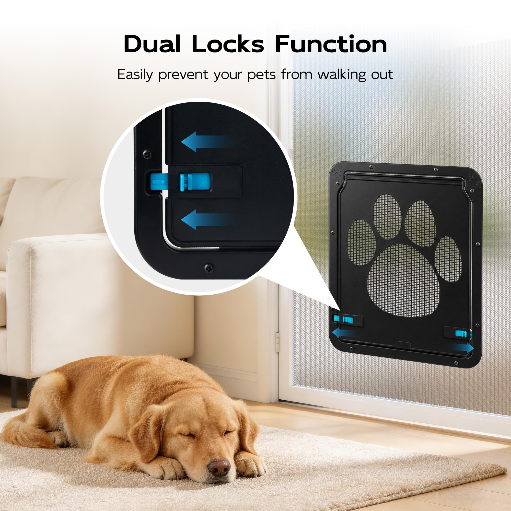 Pet Prime dog door closeup with magnetic closure for insect resistance.