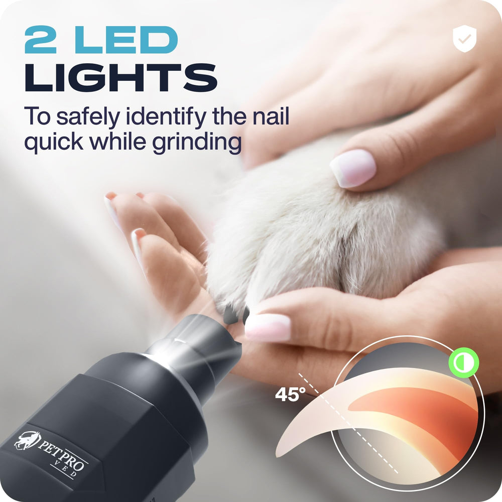 PETPROVED cordless nail trimmer powered by rechargeable battery for portability.