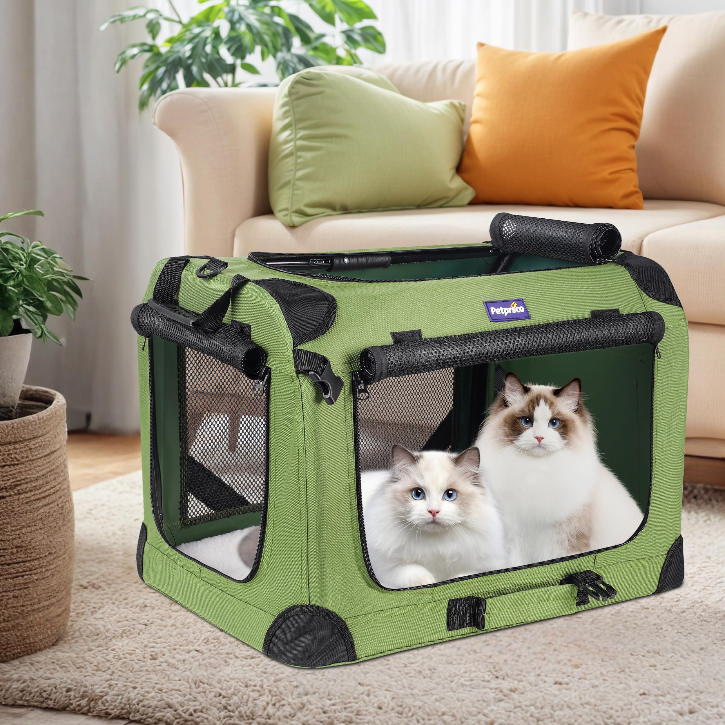 Petprsco carrier with side pockets for snacks and toys during trips.