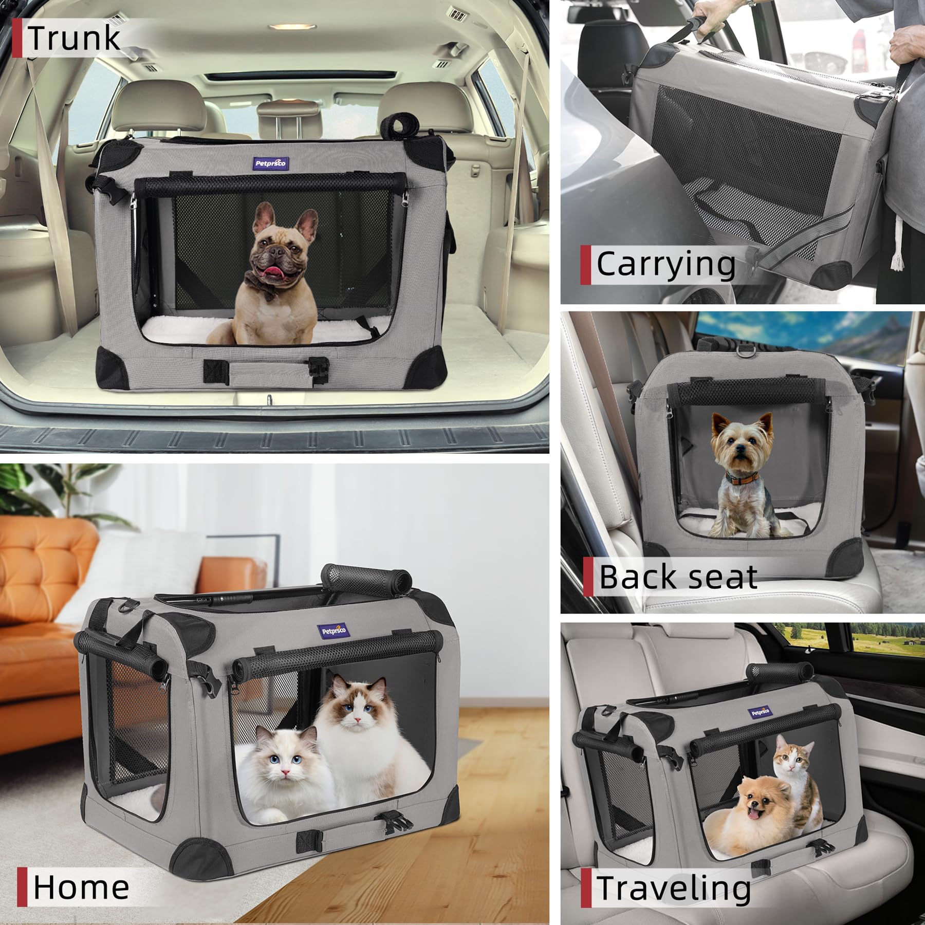 Petprsco large-cat-carrier-travel-use illustrates versatile setup as car seat or home crate.